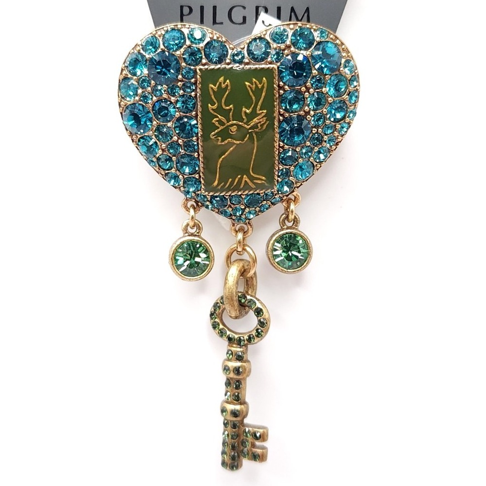 Pilgrim Blue Swarovski Heart Key Brooch Gold Tone Pin